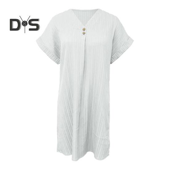 Summer Mini Dress Short Sleeves V Neck Loose Pure Color Dress Bohemian Buttons Casual Dress for Beach Vacation Daily Wear