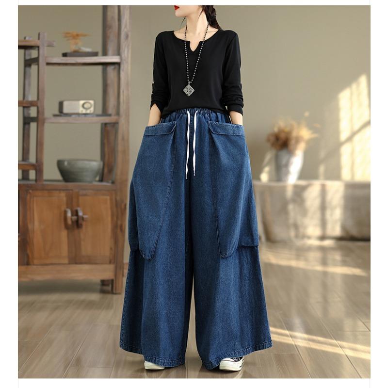 DIMANAF 2025 Autumn Winter Plus Size Jeans Women Clothing Blue Fashion Lady Loose Long Pants Big Pockets