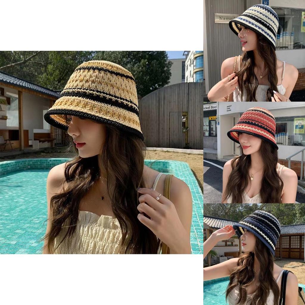 Striped Knitted Bucket Hat For Women Summer Sunshade Fashion Lightweight Travel Accessory