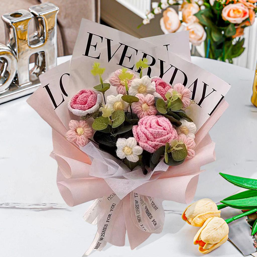 Artificial Crochet Flower Bouquet Plastic Material Fresh Knitted Arrangement Desktop Ornament for Modern Home Decor
