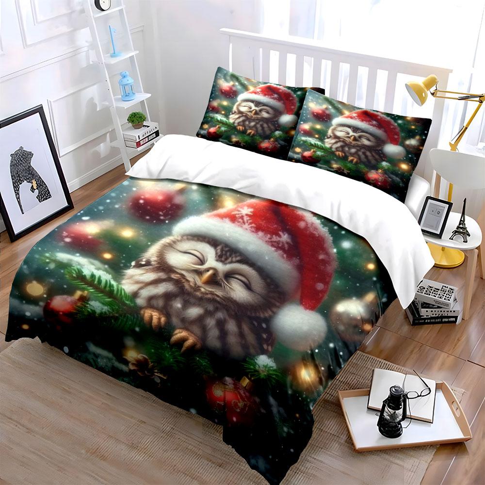Christmas Owl with Santa Hat Bedding Duvet Cover Set  (1*Duvet Cover 2*Pillowcases, without duvet insert)