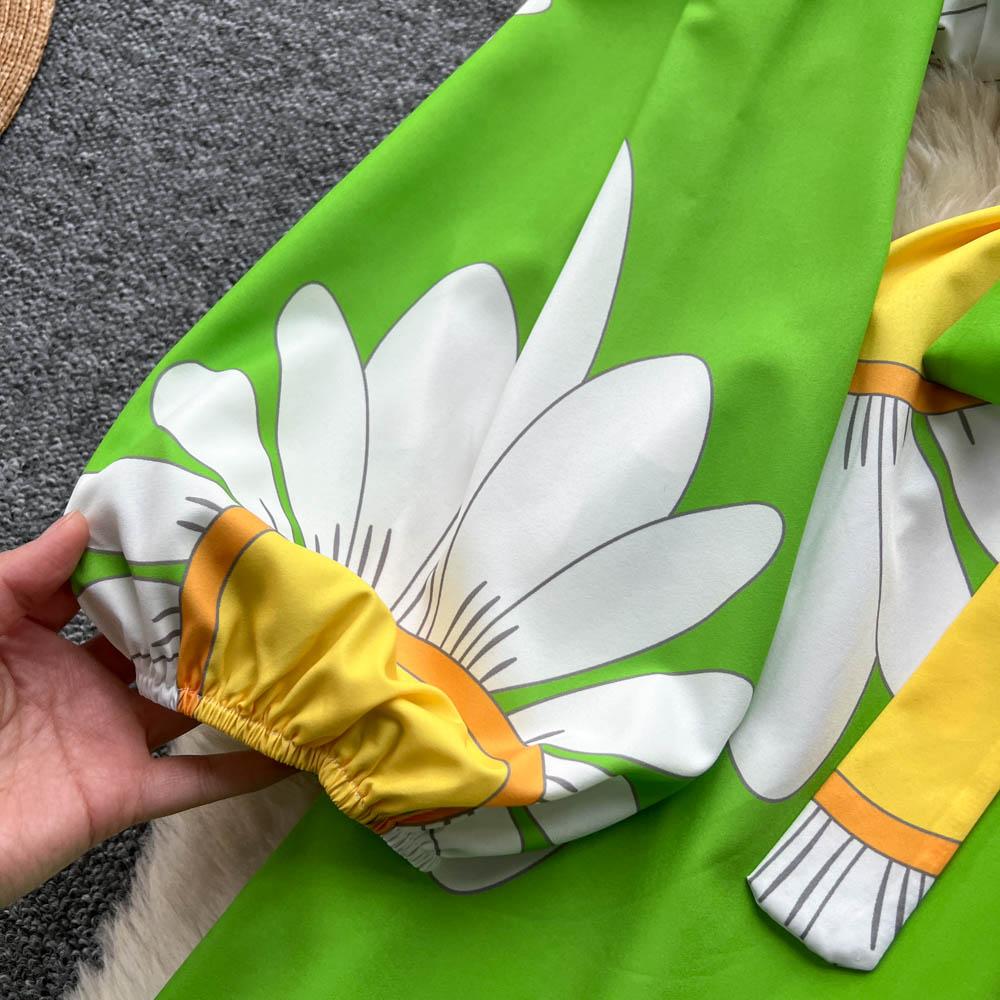 Chic Vintage Sexy Buttonn Ruched  Print Slim Elegant Fairy Summer  Korean Fashion Boho Sundress Women Clothing Long Dress