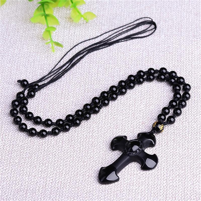 Natural Black Obsidian Carved Cross Lucky Pendant + Beads Necklace for Woman Man Crystal Jade Charm Gift Jewelry