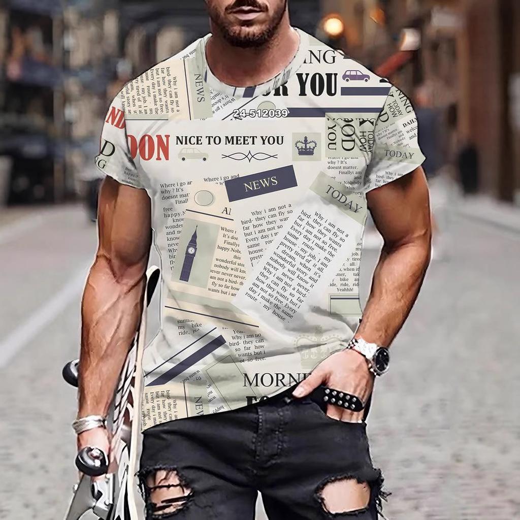 3D Abstract Newspaper Printed Short Sleeved Summer Men's Round Neck Top Men's T-shirts