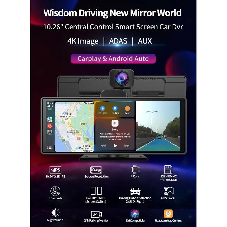 Imagebon 10.26" Dash Cam 4k Wireless Carplay Android Auto Adas GPS Navigation Car DVR Voice Control Dual Recording Cam