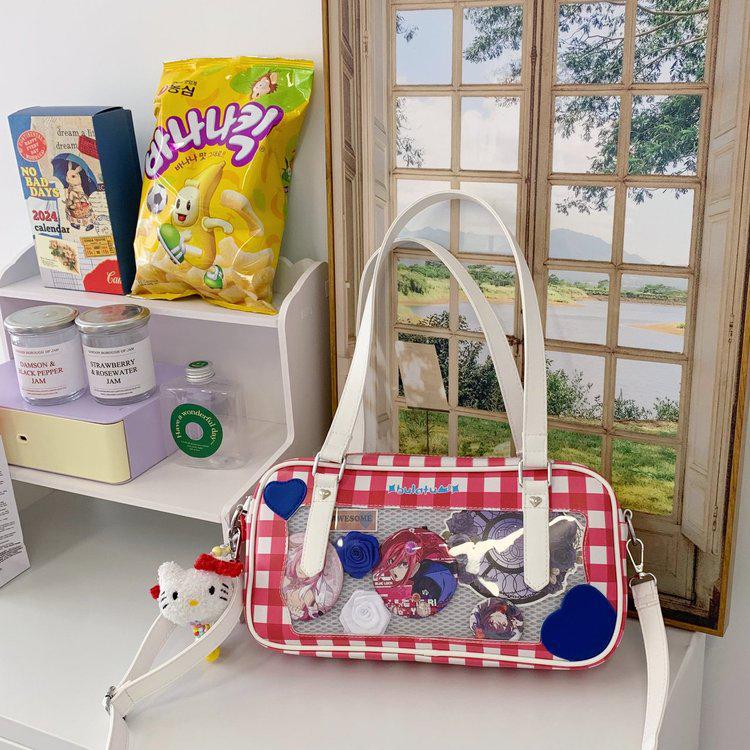 Japanese Kawaii Heart Plaid Ita Bag - Women's Transparent Crossbody with Pin Board