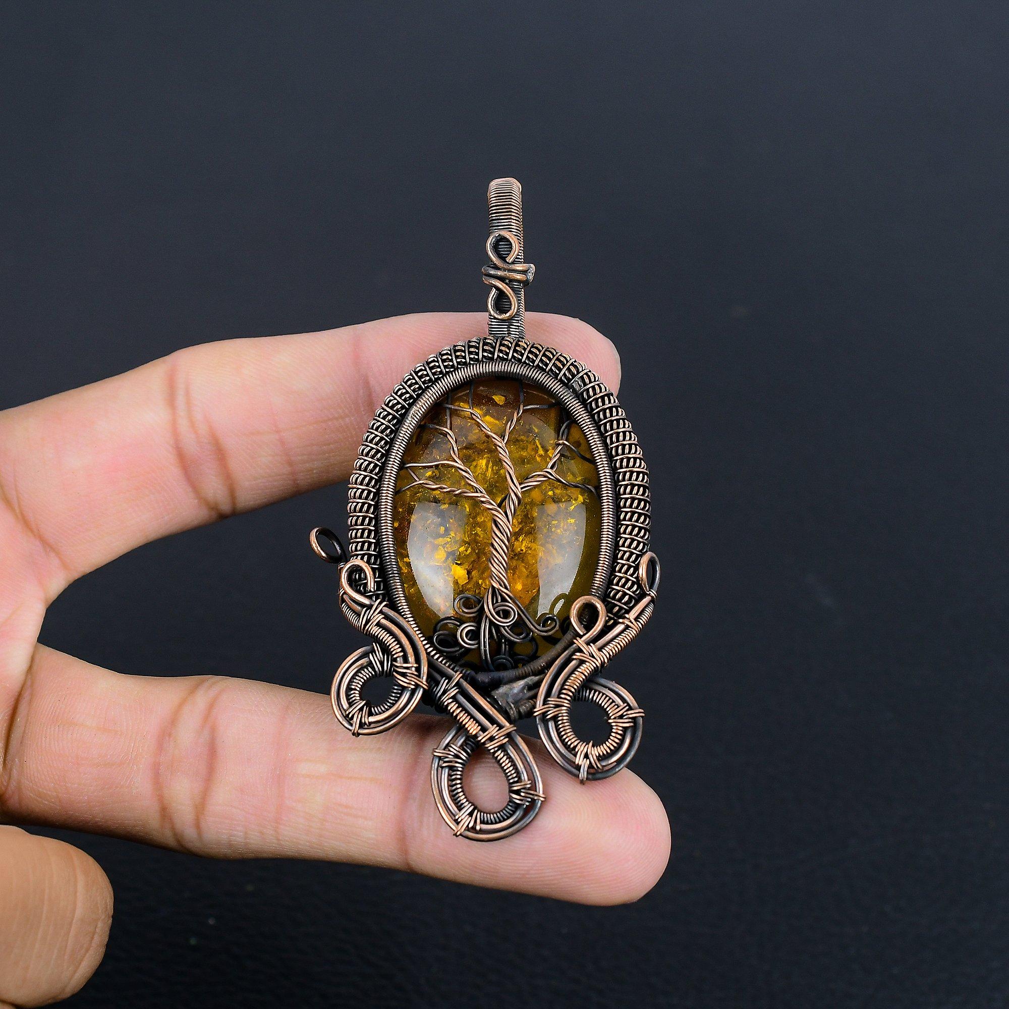 

Кулон Древо Жизни из балтийского янтаря, Ювелирное изделие из драгоценного камня, обернутое медной проволокой 999 пробы, Кулон ручной работы ко Дню матери 2.25 Inches