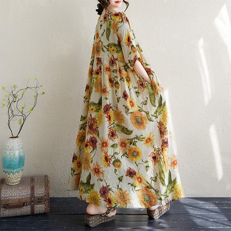 DIMANAF 2025 Summer Plus Size Long Dress Basic Women Casual Loose Vintage Flower New Printing Beach Dress Maxi