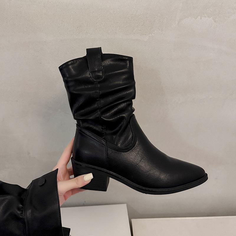 Coarse Heel Medium Tube Pleated Piled Boots Women's 2025 New Autumn Maillard Western Cowboy Boots One-pedal Knight Boots