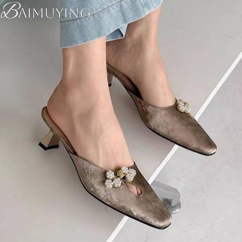 Fashion Square Toe Slippers Women Heeled Sandals Crystal Mules Mid Heels Shoes Summer 2025 New Elegant Dress Party Trend Pumps Mujer