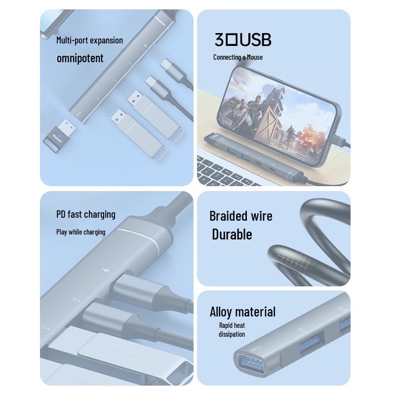 Type-C Multi-Function Expansion Dock: USB 3.0 Hub for Mouse, Keyboard, U Disk, and OTG Conversion.