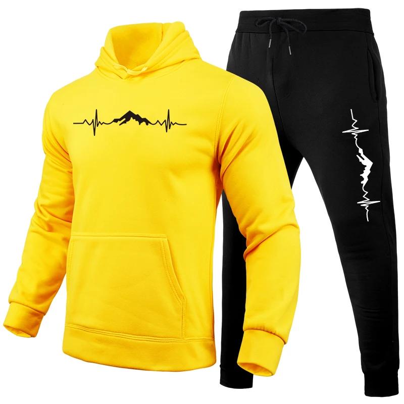 Sportswear 2pcs Set Women Hoodies Black Sweatpants Mountain Print Tracksuit Women's Daily Casual Sports Hooded Jogging Suits