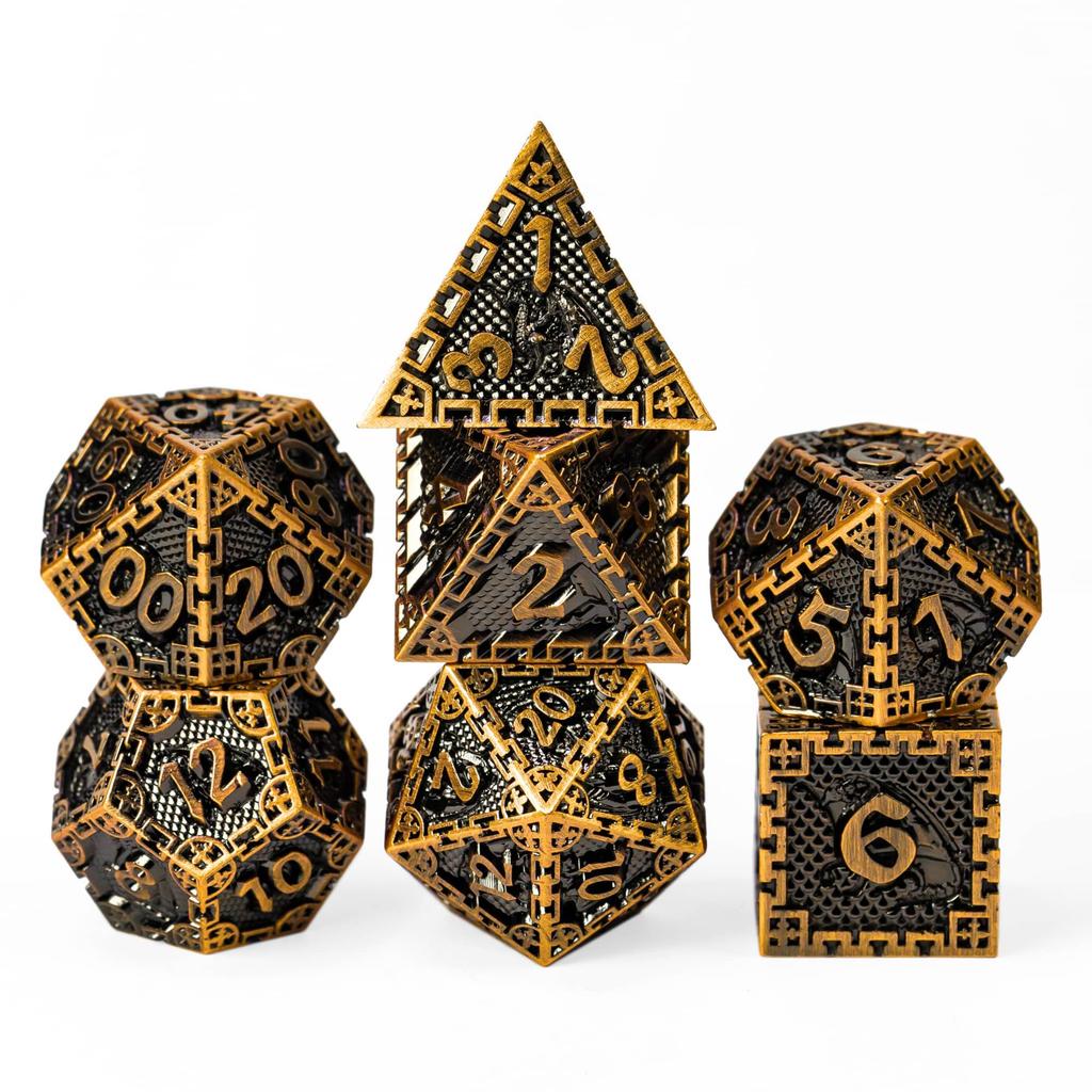 Cusdie DND Metal Solid Dice Dragon Pattern 7Pcs D4-D20 Polyhedral Dice Set for D&D Role Playing Game Pathfinder Board Games