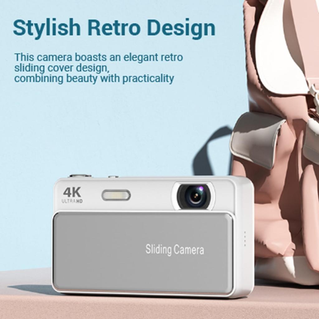 Sxhlseller 4K Digital Camera 64MP Retro Slide Camera with Compact Pocket Camera for Vlogging and Travel Recording - 2.8-inch Screen, (Silver)