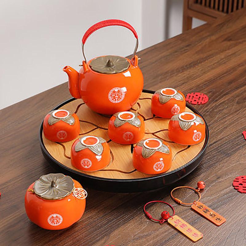 Household Double Happiness Tea Pot Set, Teacup Porcelain Kettle, Persimmon Canister, Red Wedding, Tea Storage Container
