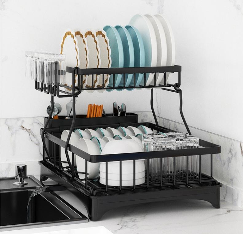 

Double-layer Bowl Plate Draining rack Kitchen Bowl Chopstick Plate Organizing and Storage Rack Saving Space for Home Use чёрный