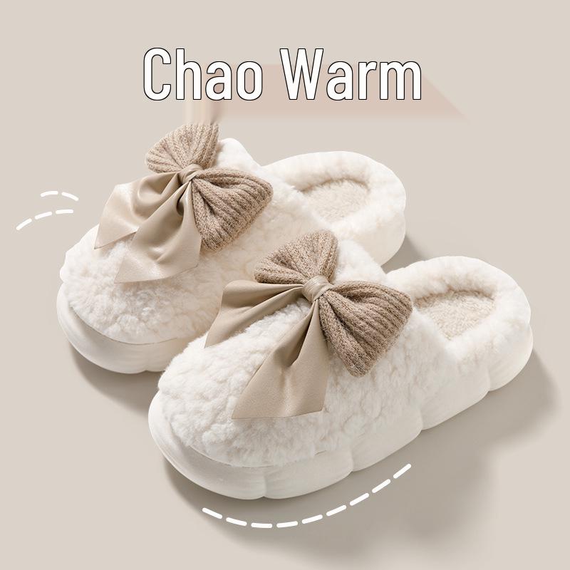 Women's Plush Cotton Slippers with Sweet Bow, Thick-Soled for Indoor Autumn/Winter 2026