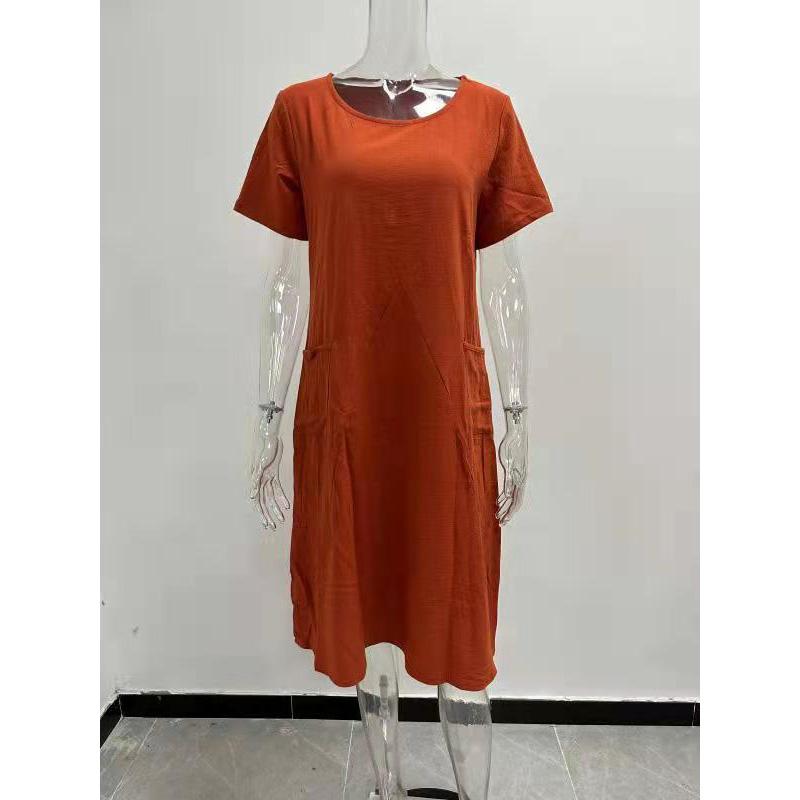 Womens Summer Shirt Dress Crewneck Short Sleeve Plus Size T-Shirt Dress Solid Color Loose Midi Dresses With Pockets