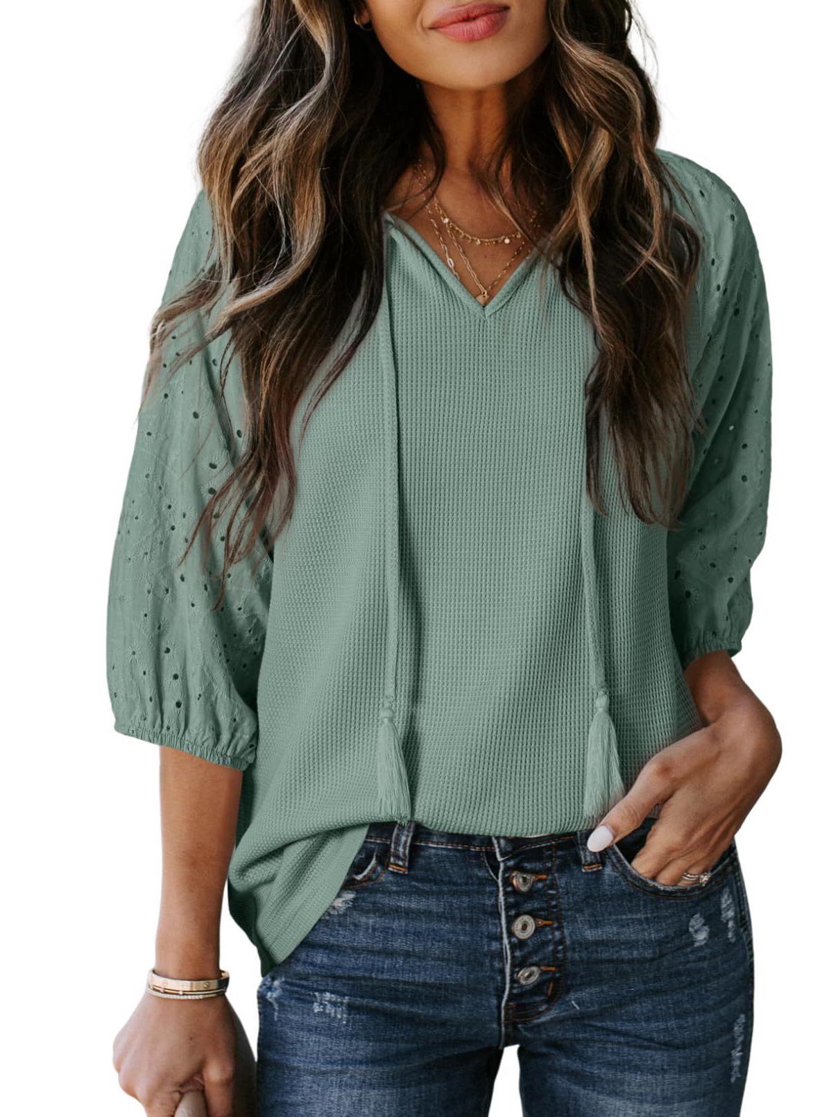 

Women s Puff Sleeve V-Neck Waffle Jacquard T-shirt with Drawstring Small светло-зеленый