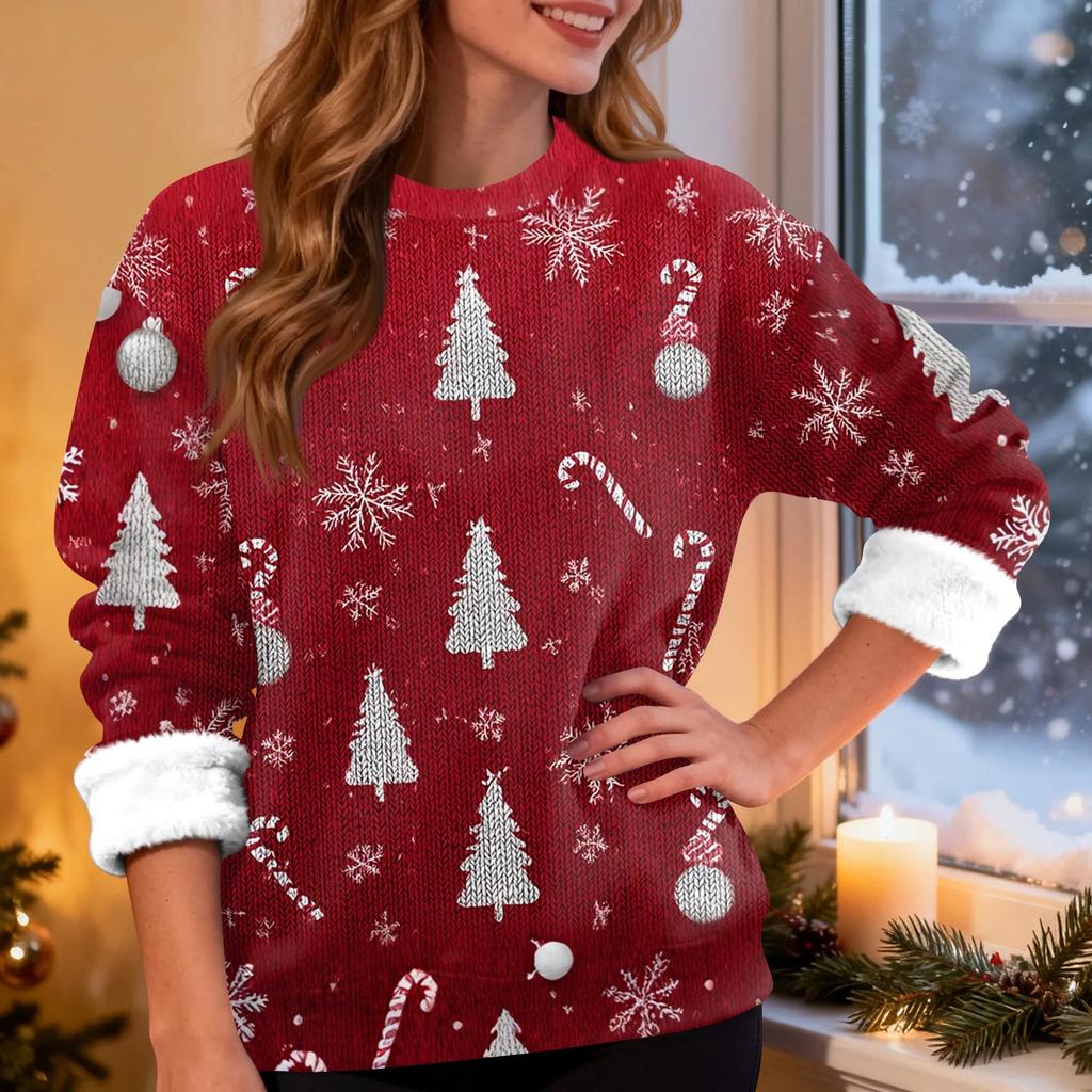 Γυναικείο Μόδα Casual Μακρυμάνικο Χριστουγεννιάτικο Μπλουζάκι με Στρογγυλή Λαιμόκοψη