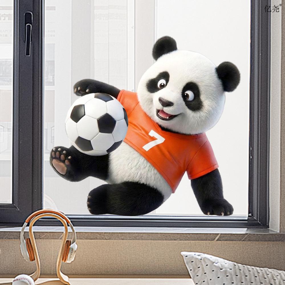 Creative Cute Football Panda Static Cling Window Stickers, Self-Adhesive Decals for Living Room Balcony Glass Decoration