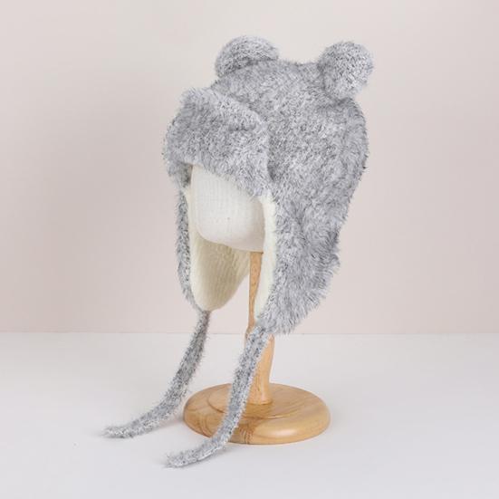 Children Hat with Windproof Rope Cartoon Bear Shape Soft Plush Inner Elastic Warm Hat Boys Girls Winter Headwear