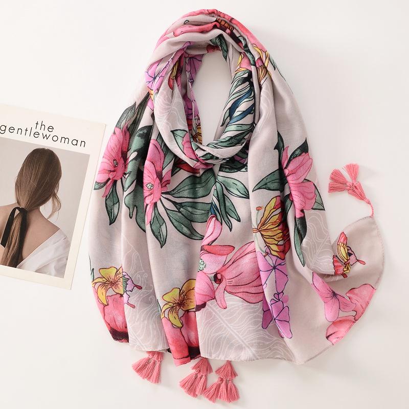Women Luxury Brand Viscose Scarf Butterfly Floral Tassel Shawls Autumn Winter Wrap Pashmina Stole Muslim Hijab Sjaal 180*90Cm