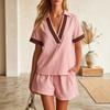 Women Casual Two Piece Set Short Sleeve Polo Collar Top and Loose Fit Shorts Lightweight Summer Outfit for Daily Wear