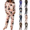 Women's Casual Pajama Set with Round Neck Long Sleeve and Drawstring Wide Leg Pants