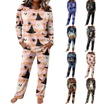 Conjunto de Pijama Casual para Mujer con Cuello Redondo, Manga Larga y Pantalones de Pierna Ancha con Cordón