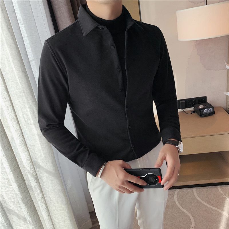 

Spring and Autumn Men s Square Neck Pullover Solid Button Casual Fashion Elegant Commuter Leave Two Piece Top Long Sleeve Shirt XXXL чорний