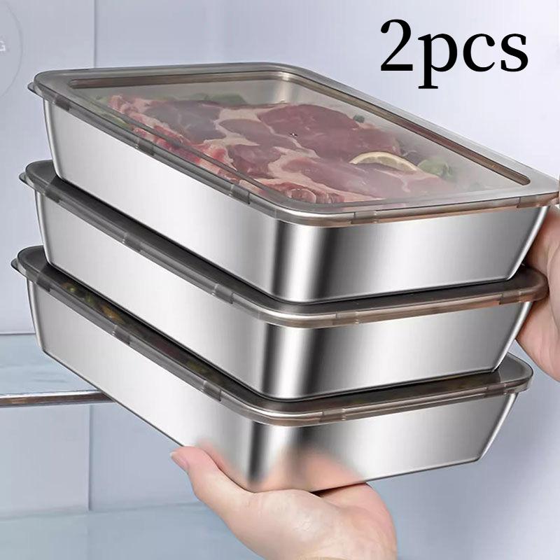 2pcs Stainless Steel Food Storage Container Rectangle Dish With Cover Noodles Fruit Tray Lunch Box Thick Refrigerator Plate серебряный