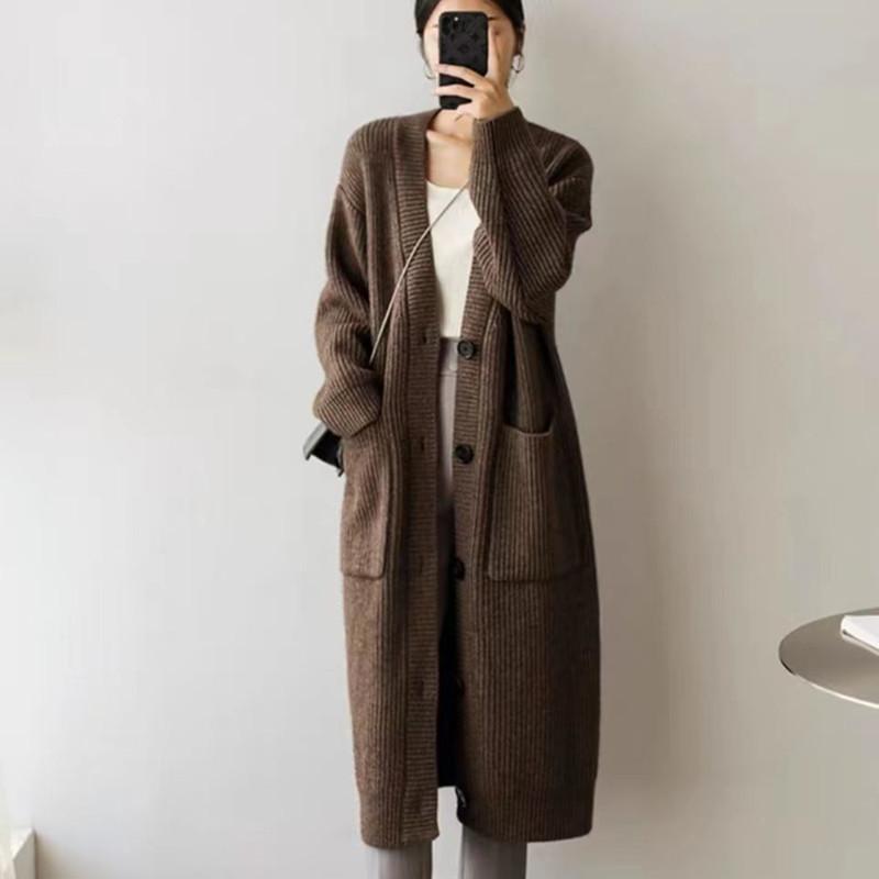 

Легкий роскошный длинный вязаный кардиган Lazy Wind, женская осенне-зимняя ретро-свободная утолщенная верхняя одежда из свитера One Size темно-коричневого