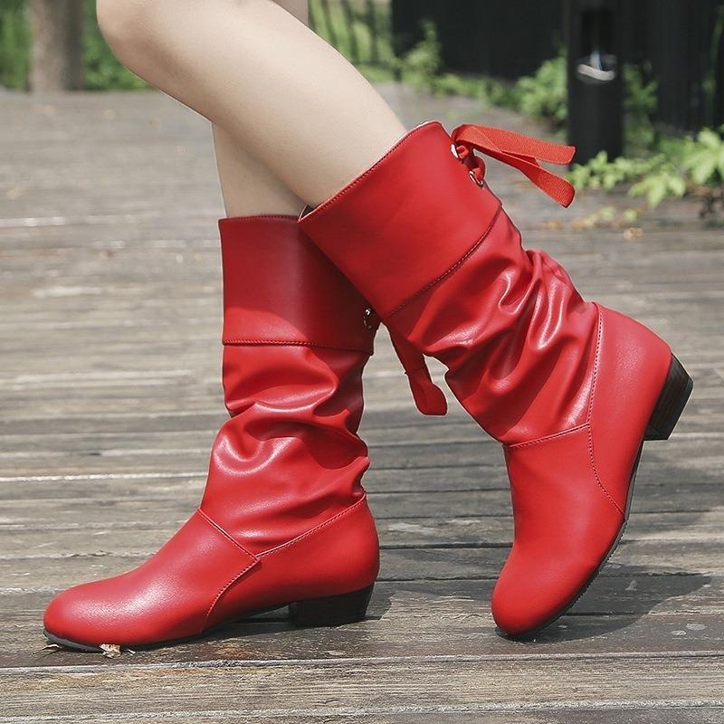 Übergrößen Schuhe, Studentenstiefel, Damen Stiefel mit niedrigem Absatz, runder Zehenpartie und Schnürung hinten, mittelhohe Wadenstiefel