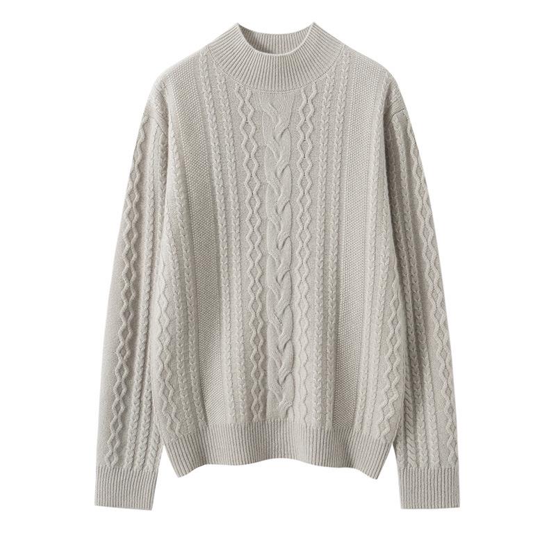 Women's Solid Color Twisted Flower Cable Knit Cashmere Sweater, Thickened Half-High Collar Slim Fit Base Layer Top