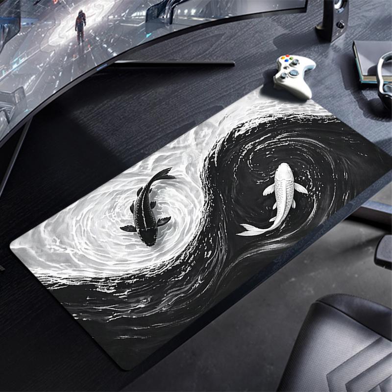 Oriental Aesthetic Mouse Pad Waterproof Nonslip Blackwhite Swirling Water Yinyang Koi Design Mousepad For Home Workspace