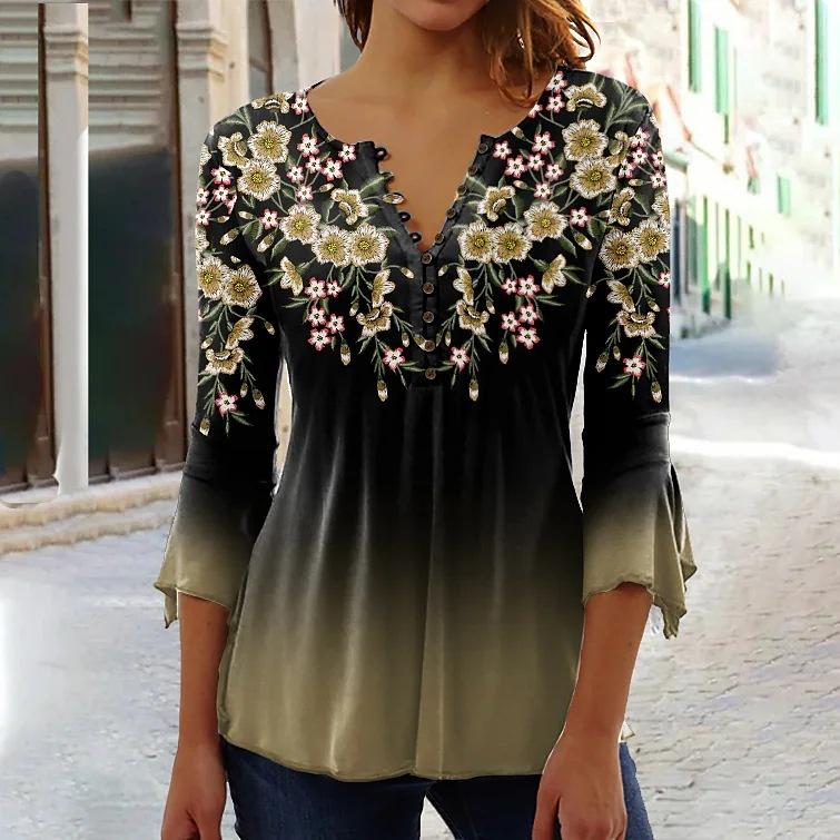 TIFICY Women's Fashion Casual Summer Spring Flower Pattern Print 3/4 Sleeves V-Neck Blouses & Shirts