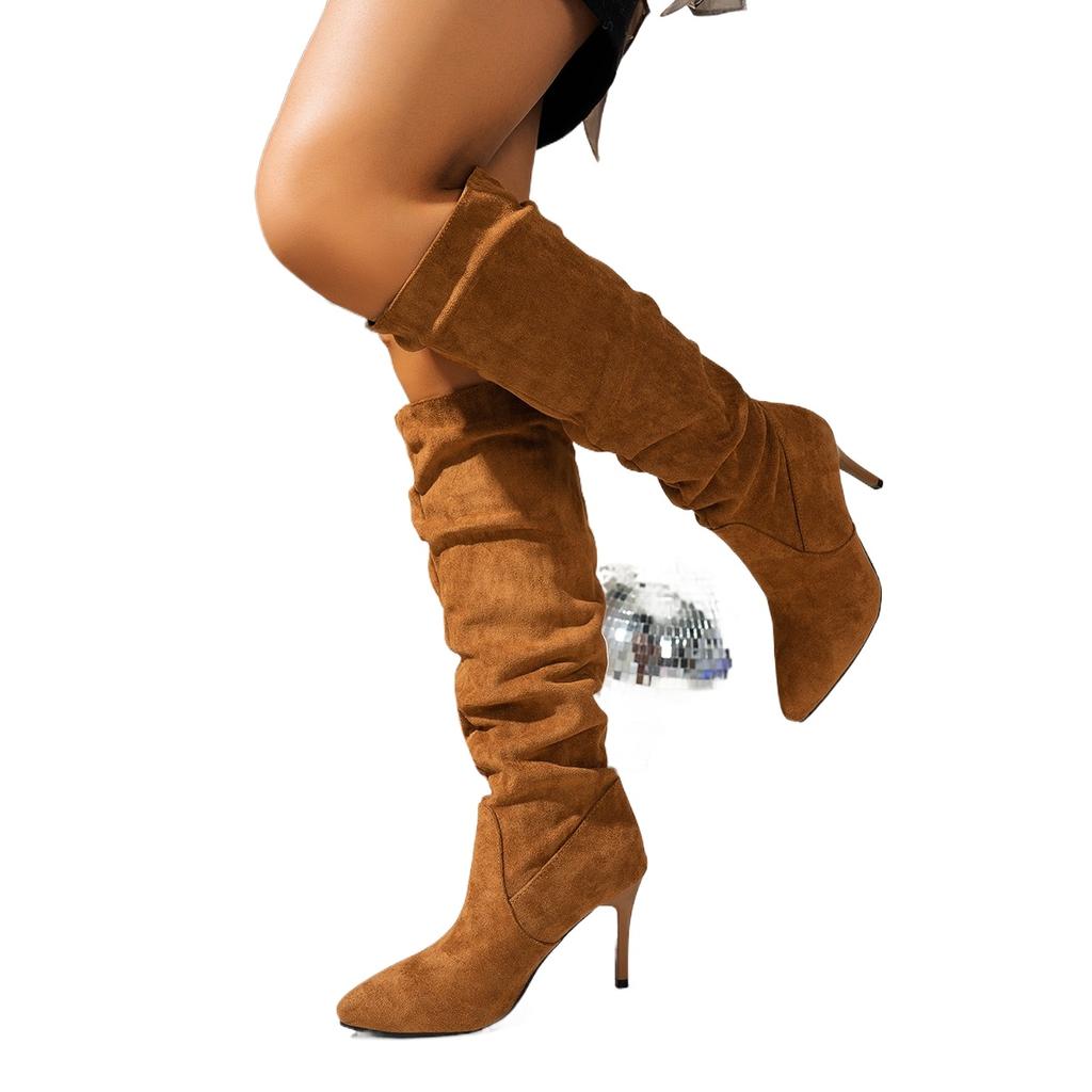 Fashion Vintage Pleated Women Knee High Boots Fashion Pointed Toe High Heels Shoes Autumn Winter Ladies Sexy Long Boots Zapatos De Mujer