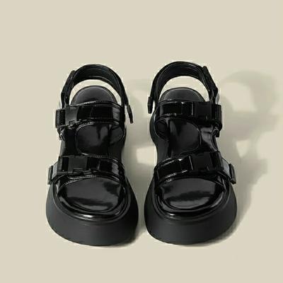 Sandales à plateforme pour femme, chaussures d'extérieur, été 2024, noires, à talons moyens, tendance coréenne, nouvelle mode respirante