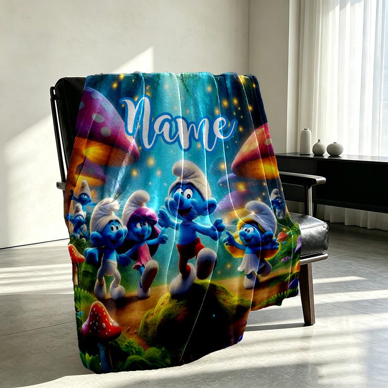 Custom Name Personalized Blue Smurfs Print Blanket, Home Decor, Bedroom, Sofa, Camping, Couch, Gifts for Birthday Christmas
