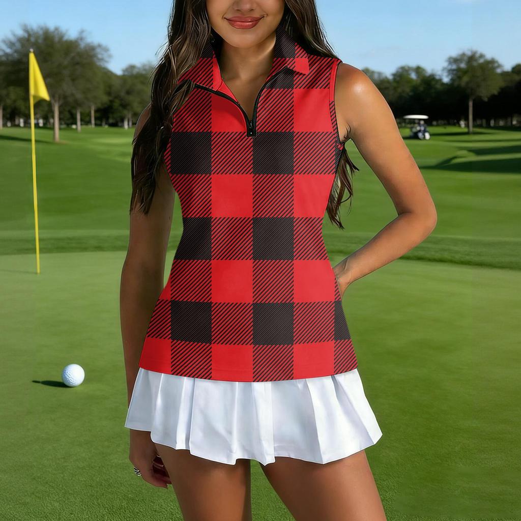 Dámské golfové polo bez rukávů se zipovým límcem, kostkovaný potisk, sportovní tílko pro sport a venkovní aktivity