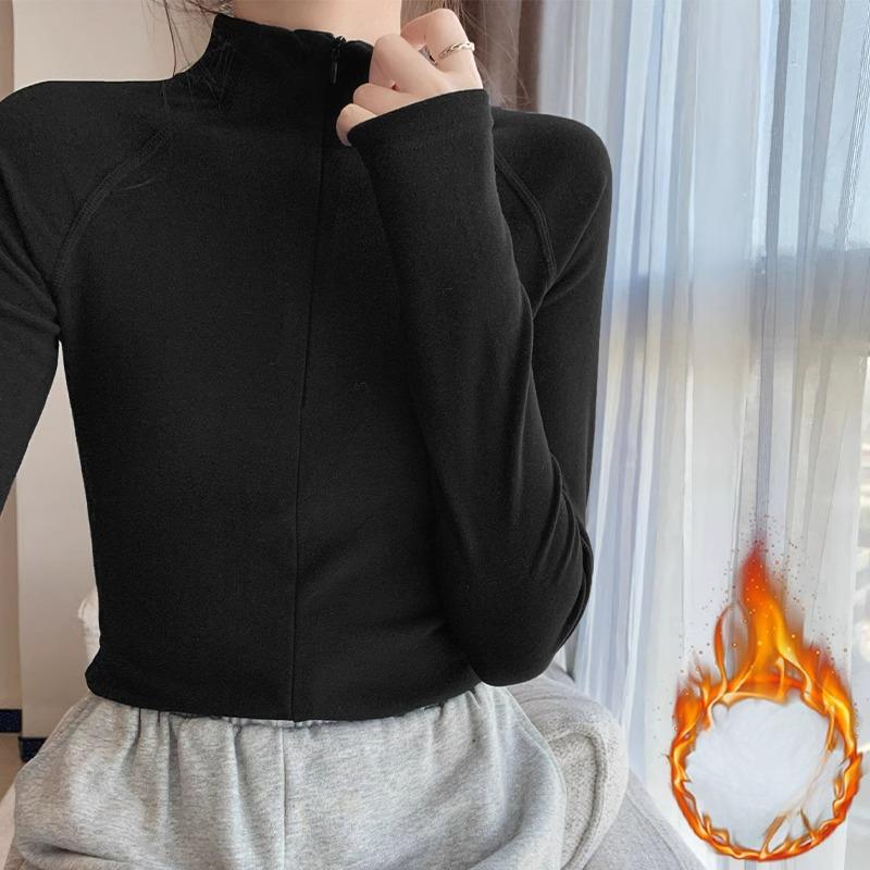 

Абрикосовая темпераментная базовая футболка с молнией, полуоткрытым воротником, из немецкого бархата, утолщенная, зимняя, с длинным рукавом, открывающая ключицы XL