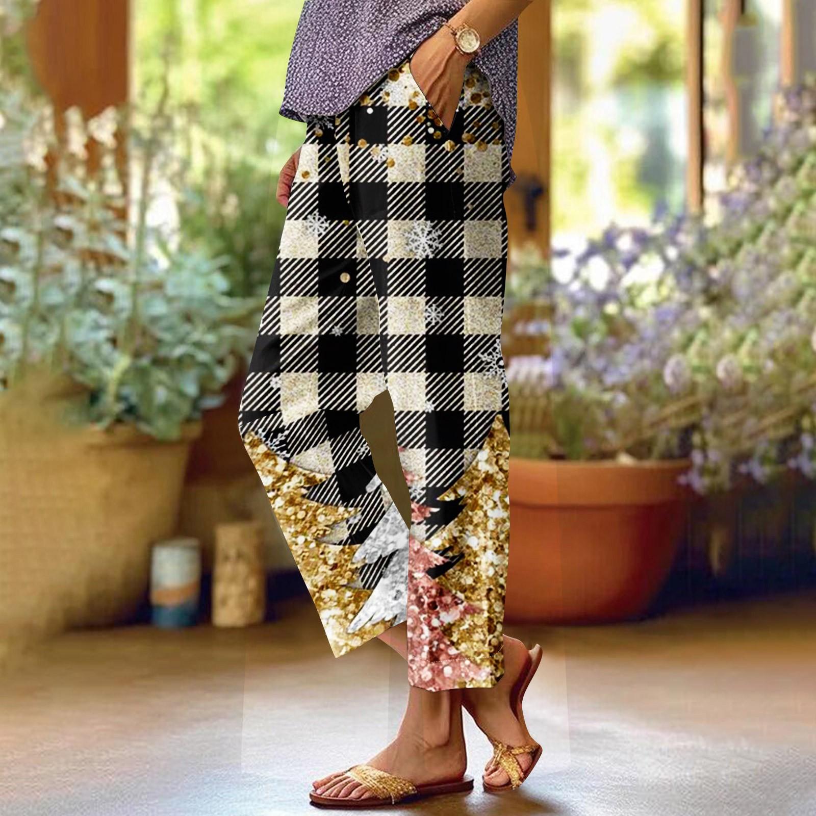 

Женские модные повседневные брюки с прямыми карманами и эластичной талией с рождественским принтом L чёрный