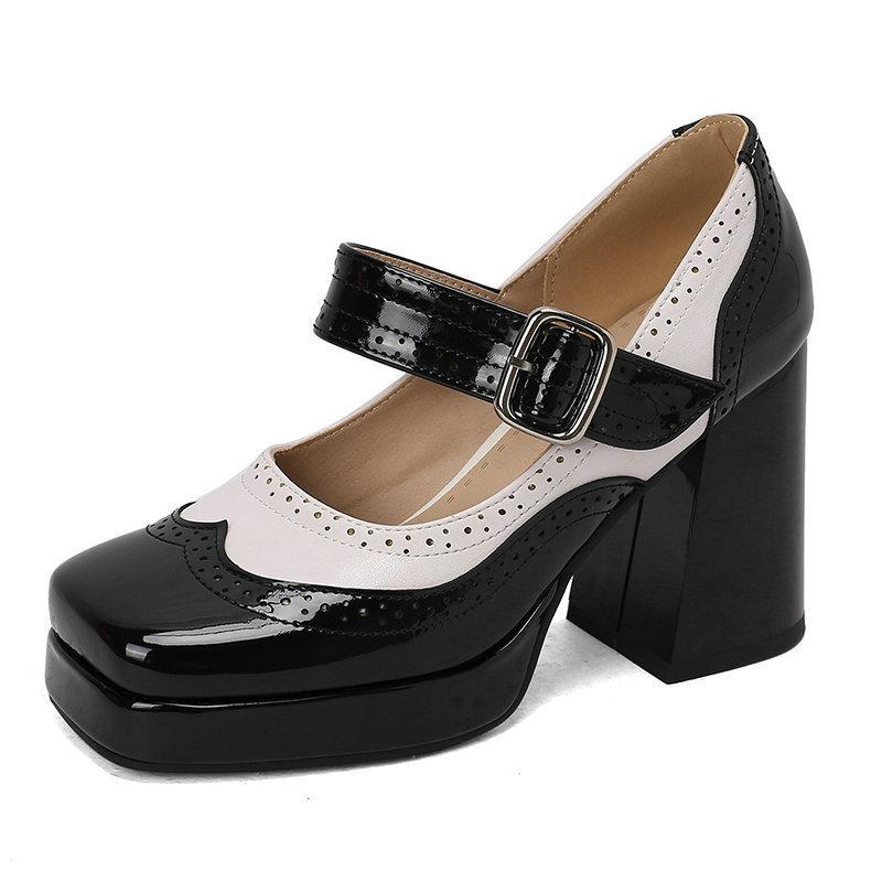 Square head thick-soled thick-heeled super-high-heeled women's single shoes patent leather Brock burning flowers spell spring and autumn Lolita
