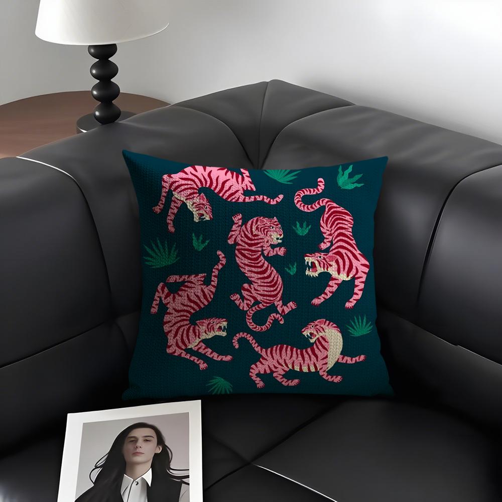 Animal Style Tiger Fashion Cushion Cover Natural Linen Organic Fabric DoubleSided Printing Sofa Home Decor Gift Pillow Case