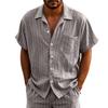 Linen Jacquard Shirt with Vertical Stripes Men's Collared Button-Down Loose-Fitting, Breathable Casual Short-Sleeved Shirt