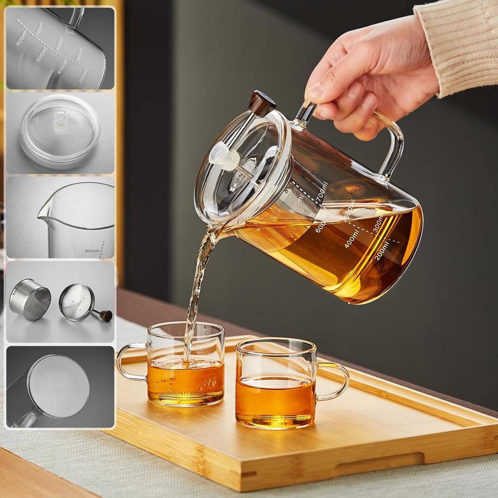 Pokaro Tea Tea Press, Heat-Resistant Glass Teapot with Measuring Cup, 800ml Capacity, Includes Lid, Graduations, Stainless Steel Filter, Handle,