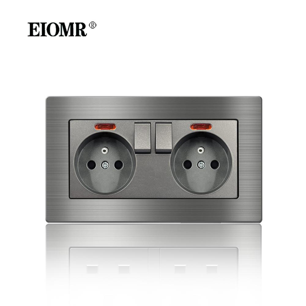 EIOMR France Standard Electrical Socket Grey Aluminum Alloy Panel Light Switch Rj45 Tv 220V 16A Wall Outlets for Home Appliance