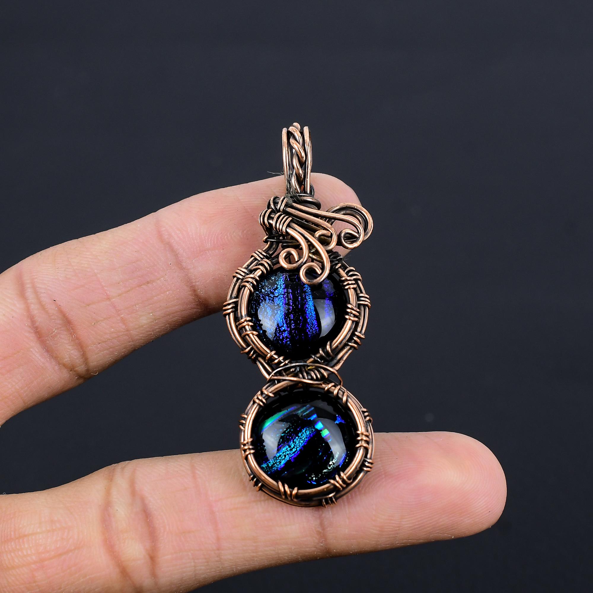 

Dico Glass Jewelry, Handmade Gemstone Pendant, 999 Copper Wire Wrapped Pendant Antique Jewelry, For Engagement Gift 2.55 Inches
