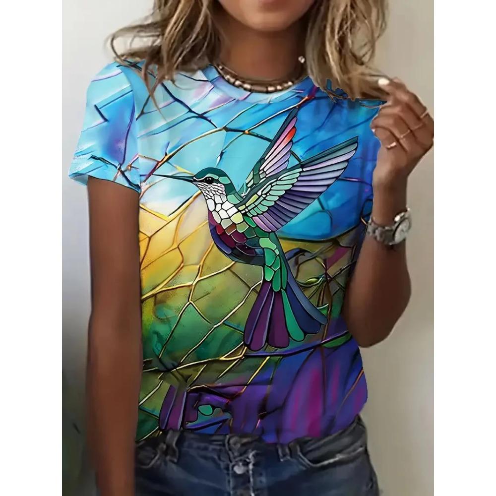 Fashionable 3D Animal Bird Print T-shirt for Women's Summer Casual O-neck Short Sleeved Top Kawaii Girls' T-shirt Loose and Trendy Women's Clothing